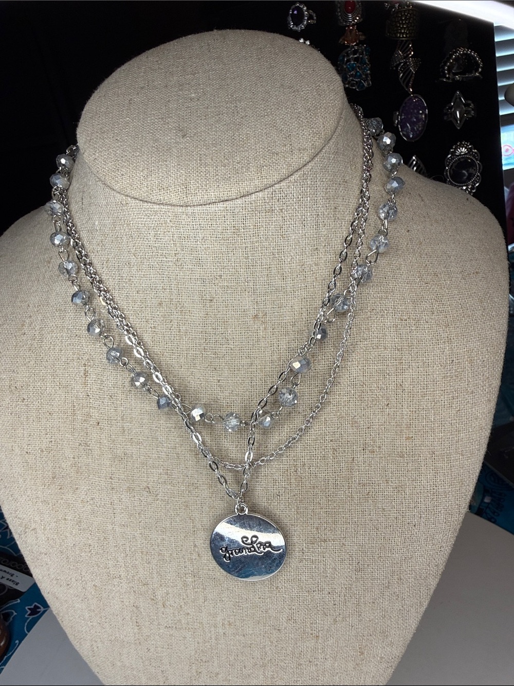 paparazzi Silver-Tone Layered Necklace with Clear Beads and Logo Disc grandma